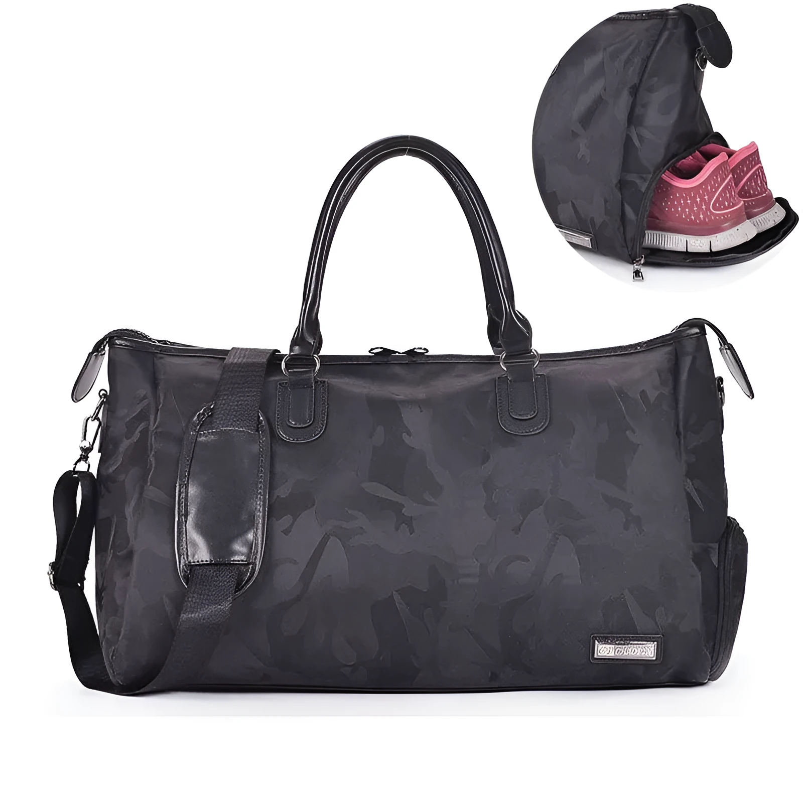 Nylon travel bag in black with soft handle, top zipper, and multiple internal pockets