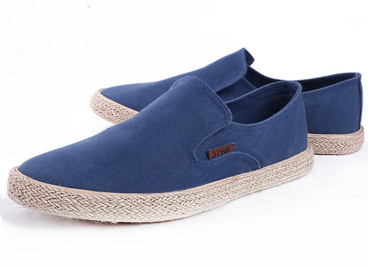 Men's canvas hemp rope lazy shoes, slip-on style with plain design in khaki colour, side view.