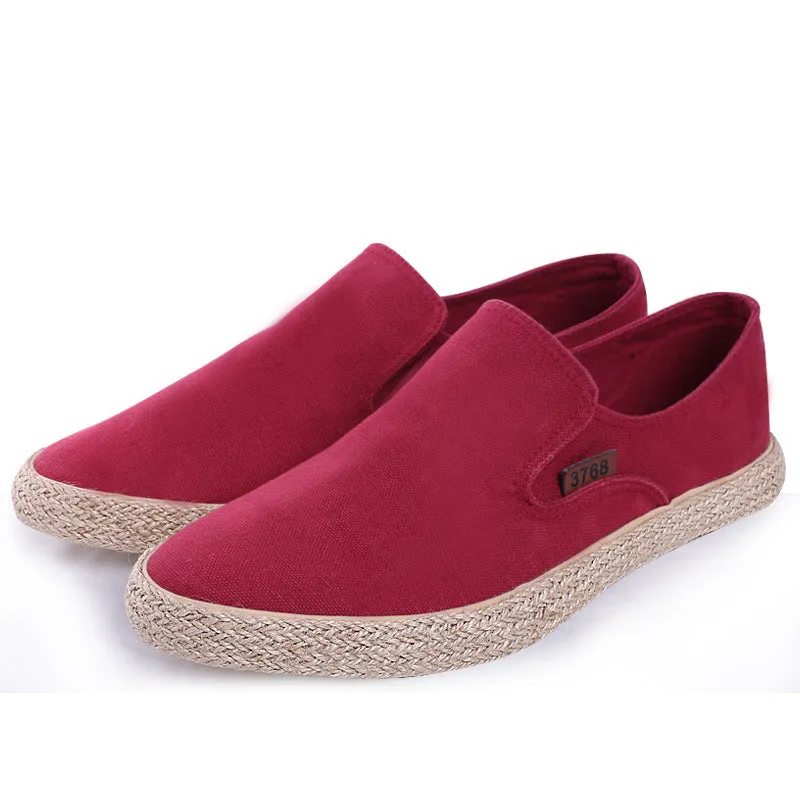 Men's canvas hemp rope lazy shoes, slip-on style with plain design in khaki colour, side view.