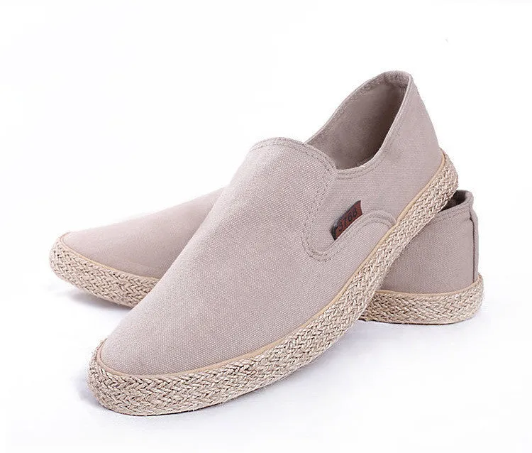 Men's canvas hemp rope lazy shoes, slip-on style with plain design in khaki colour, side view.