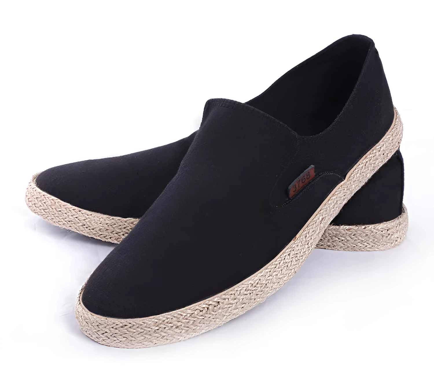 Men's canvas hemp rope lazy shoes, slip-on style with plain design in khaki colour, side view.