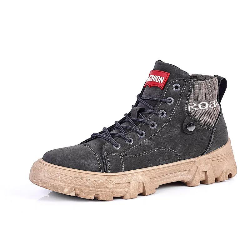 Men's high top Martin boots in Black, artificial PU upper, round toe, square low heel, front tie, casual style.