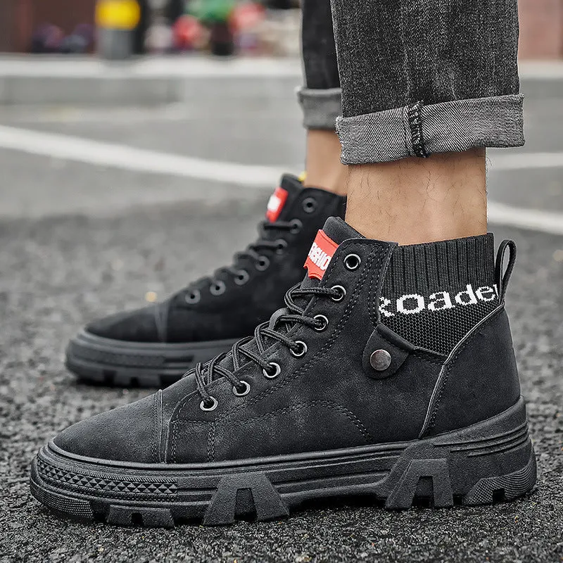 Men's high top Martin boots in Black, artificial PU upper, round toe, square low heel, front tie, casual style.