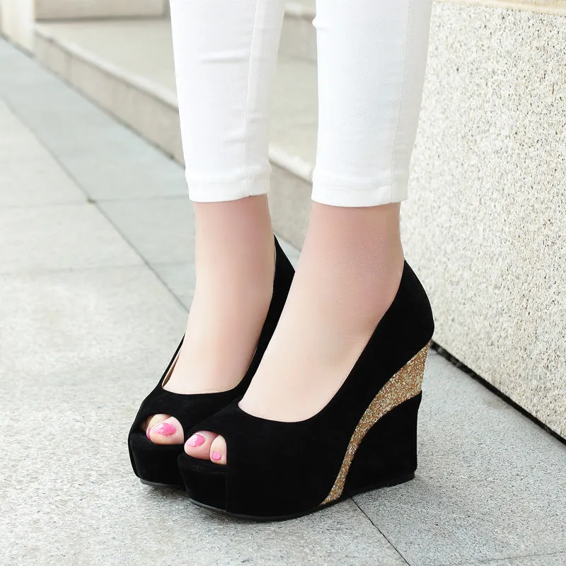 Women suede peep toe platform wedge pumps in mixed colours with low 5-8cm heel