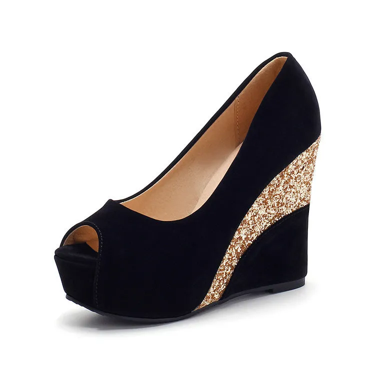 Women suede peep toe platform wedge pumps in mixed colours with low 5-8cm heel