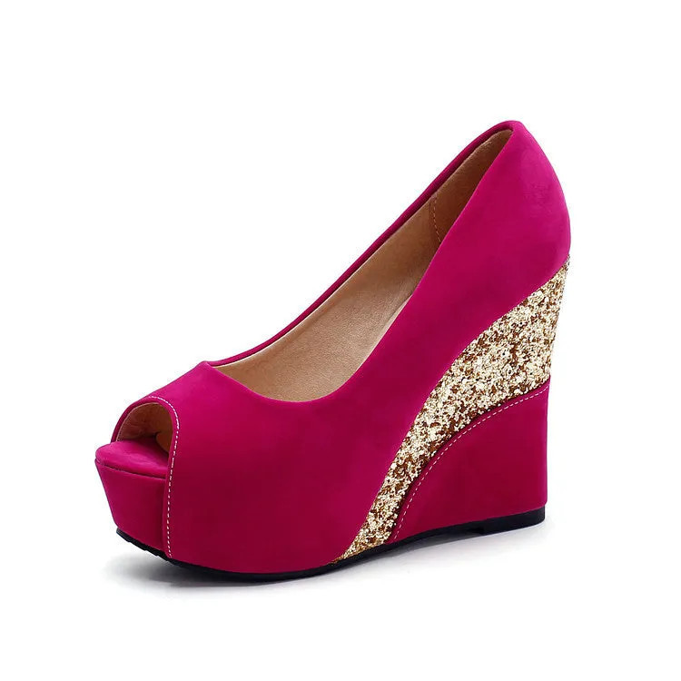 Women suede peep toe platform wedge pumps in mixed colours with low 5-8cm heel