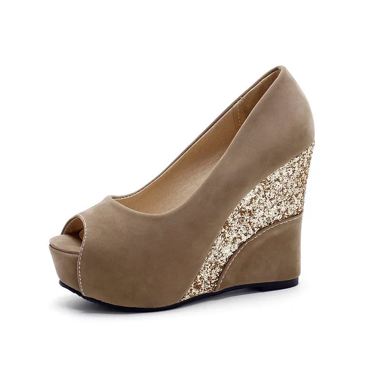 Women suede peep toe platform wedge pumps in mixed colours with low 5-8cm heel