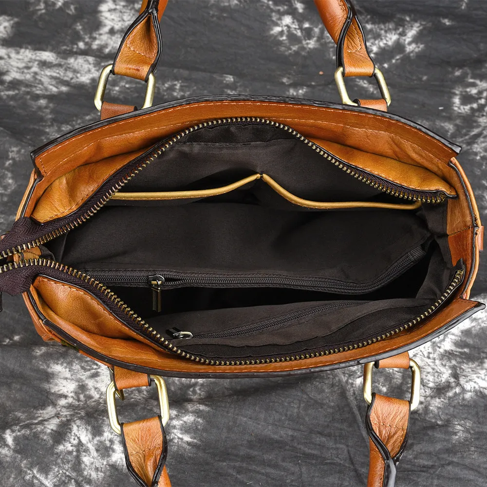 Retro yellow genuine leather cross body tote handbag with 25cm width and 130cm adjustable strap