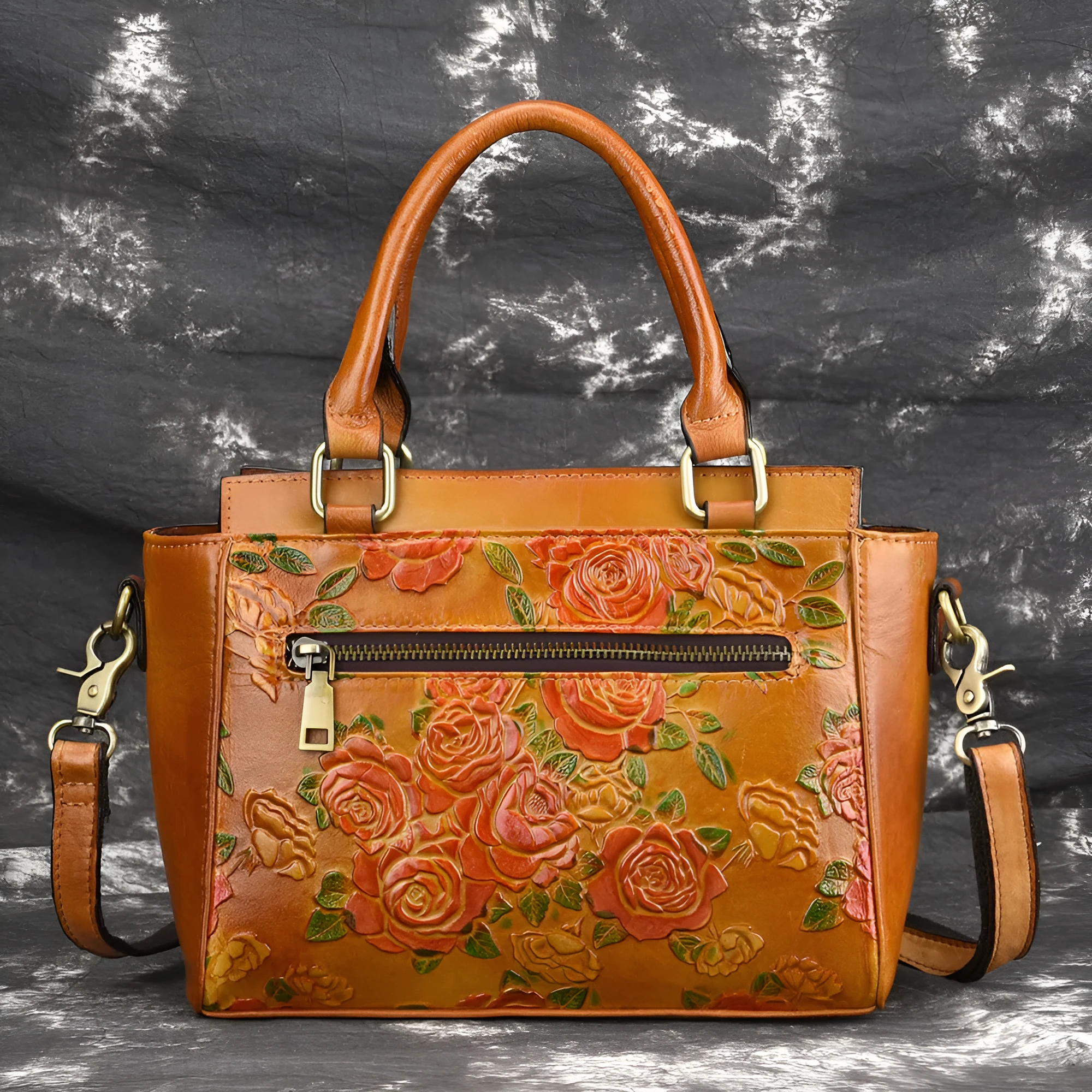 Retro yellow genuine leather cross body tote handbag with 25cm width and 130cm adjustable strap