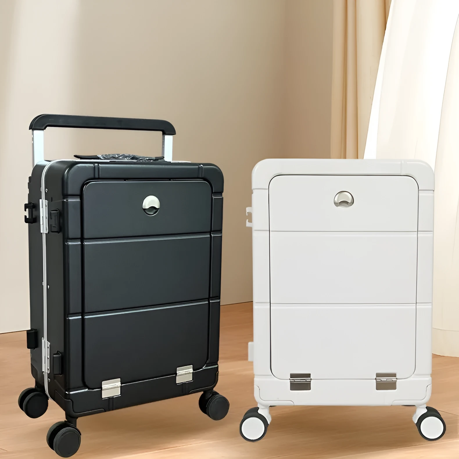 Front-opening 20-inch hard-shell suitcase in multiple colours showing dry-wet separation compartment and external holders.
