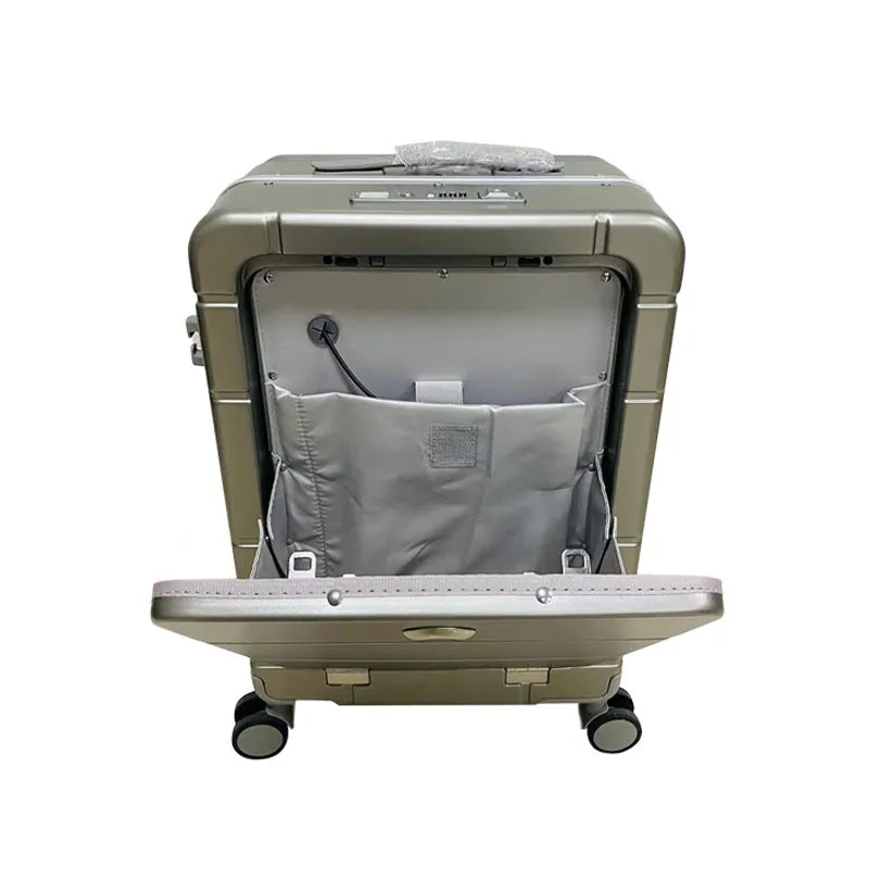 Front-opening 20-inch hard-shell suitcase in multiple colours showing dry-wet separation compartment and external holders.