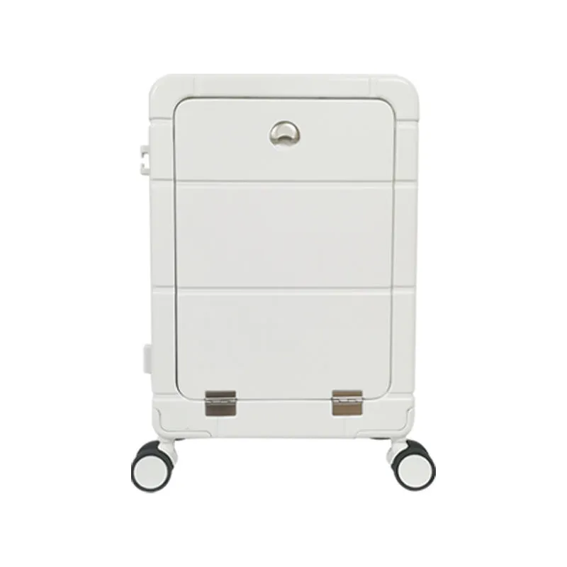 Front-opening 20-inch hard-shell suitcase in multiple colours showing dry-wet separation compartment and external holders.