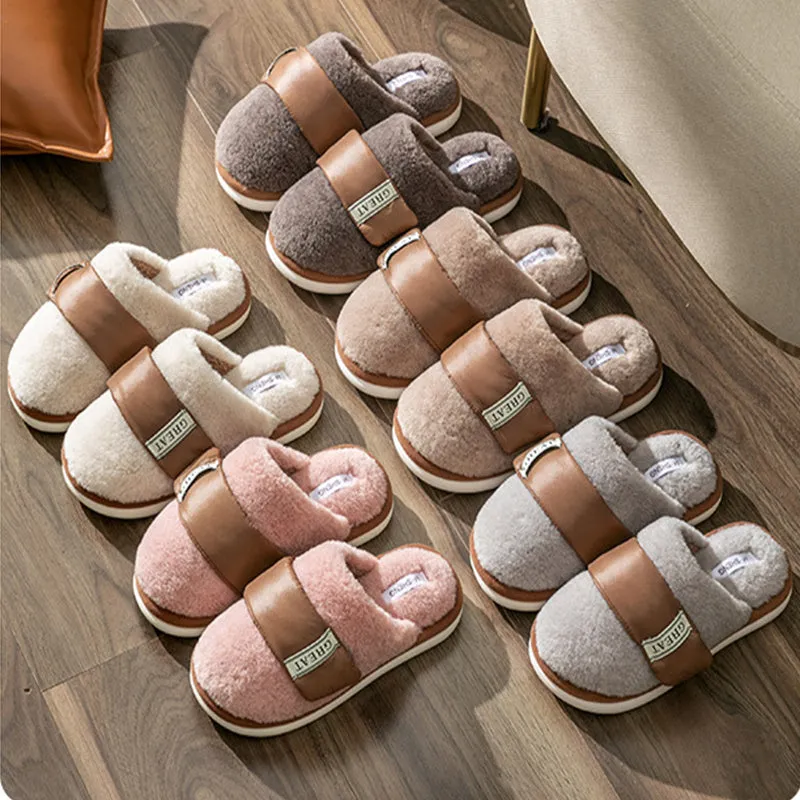 Hook furry slippers for women, beige colour, with plush upper and Velcro strap, on a light background