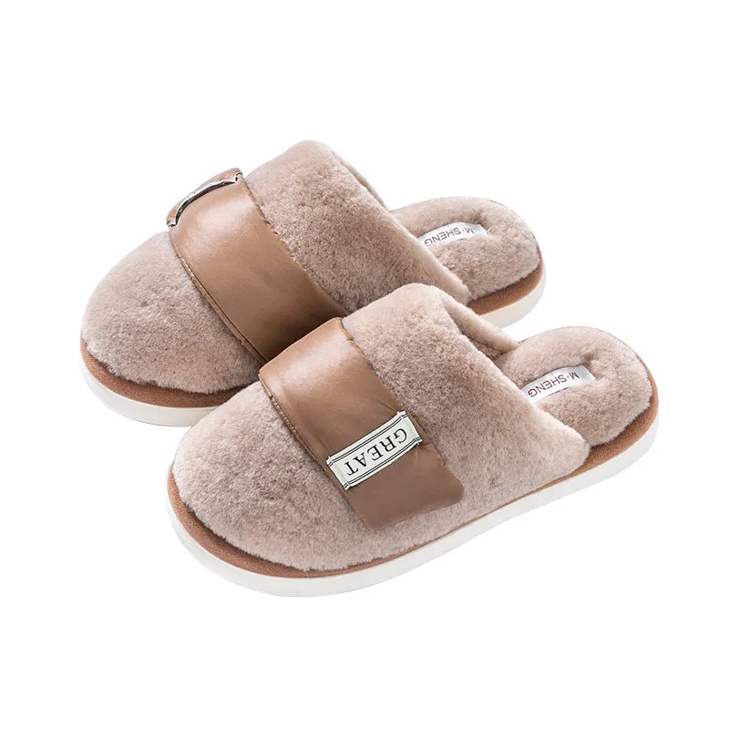Hook furry slippers for women, beige colour, with plush upper and Velcro strap, on a light background