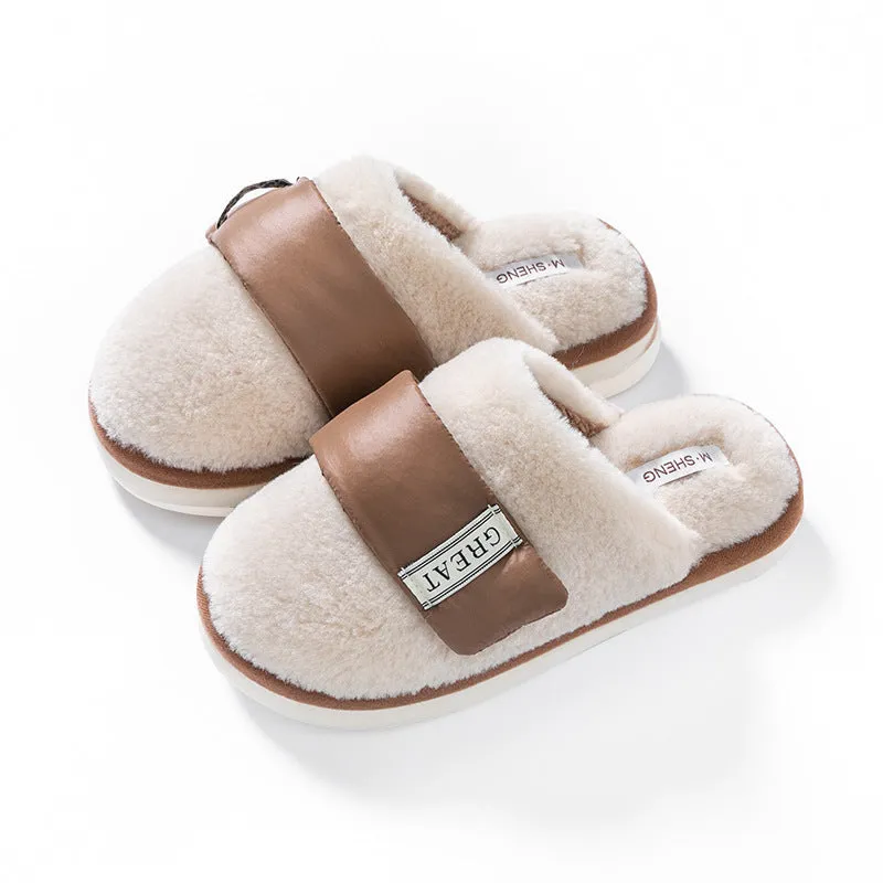Hook furry slippers for women, beige colour, with plush upper and Velcro strap, on a light background