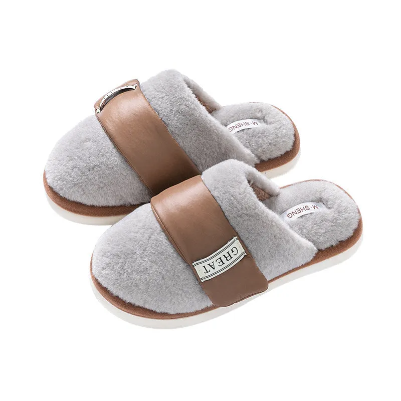 Hook furry slippers for women, beige colour, with plush upper and Velcro strap, on a light background