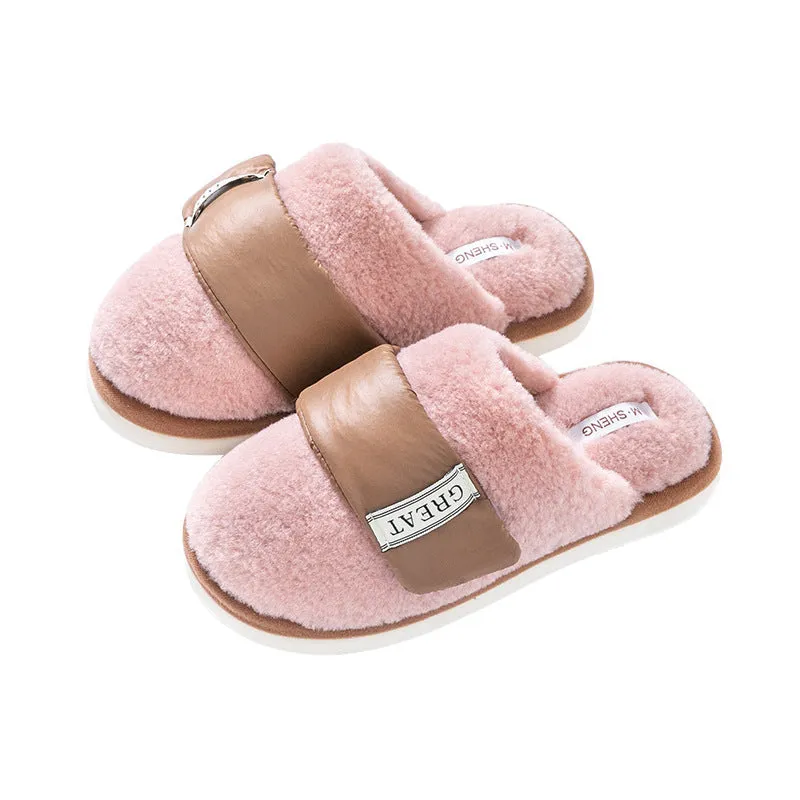 Hook furry slippers for women, beige colour, with plush upper and Velcro strap, on a light background