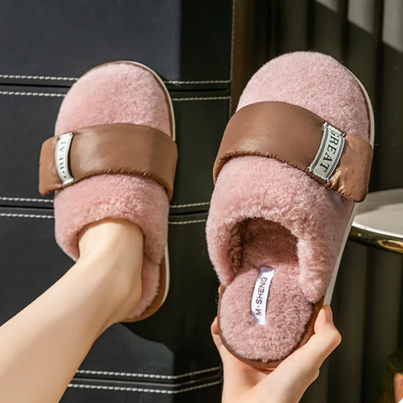 Hook furry slippers for women, beige colour, with plush upper and Velcro strap, on a light background