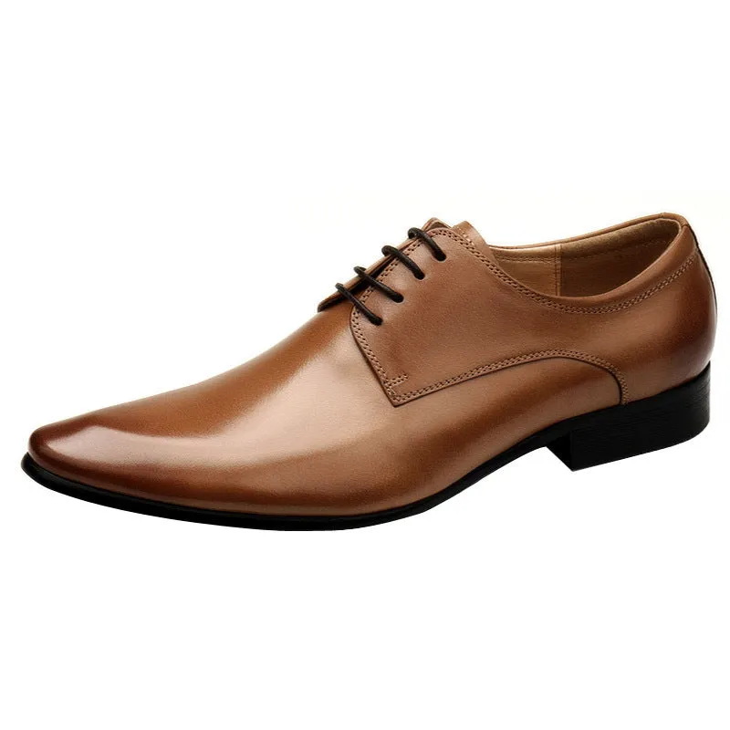 Men's black pointed toe leather lace up shoes with rubber sole for business and wedding
