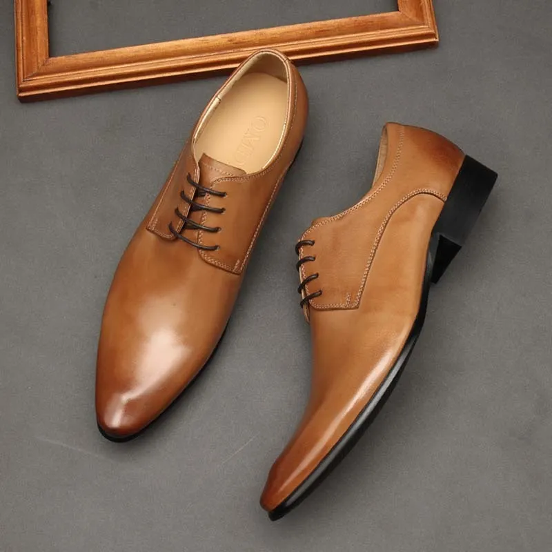 Men's black pointed toe leather lace up shoes with rubber sole for business and wedding