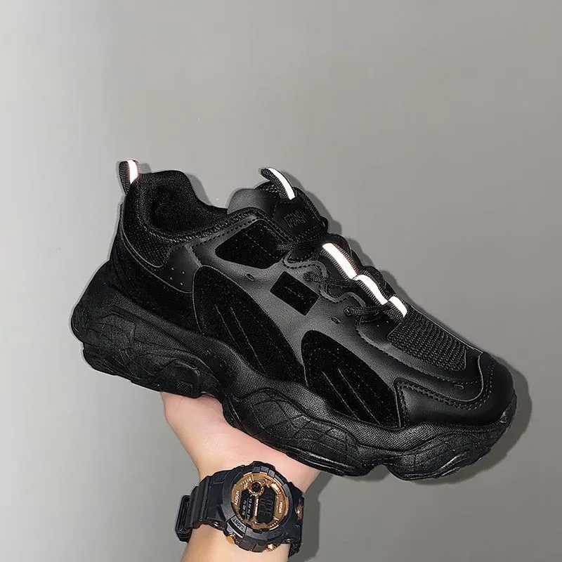 Fashion vulcanized chunky sneakers men women, black, PU mesh upper, rubber sole, lace-up casual shoes