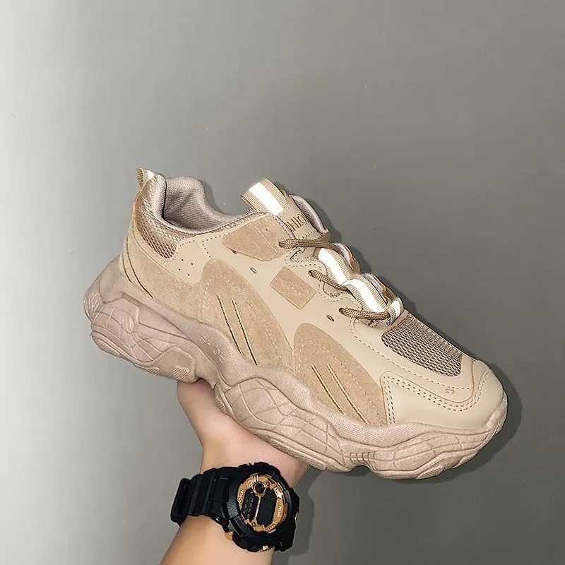 Fashion vulcanized chunky sneakers men women, black, PU mesh upper, rubber sole, lace-up casual shoes