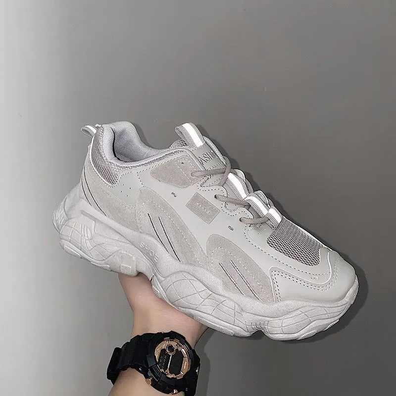 Fashion vulcanized chunky sneakers men women, black, PU mesh upper, rubber sole, lace-up casual shoes