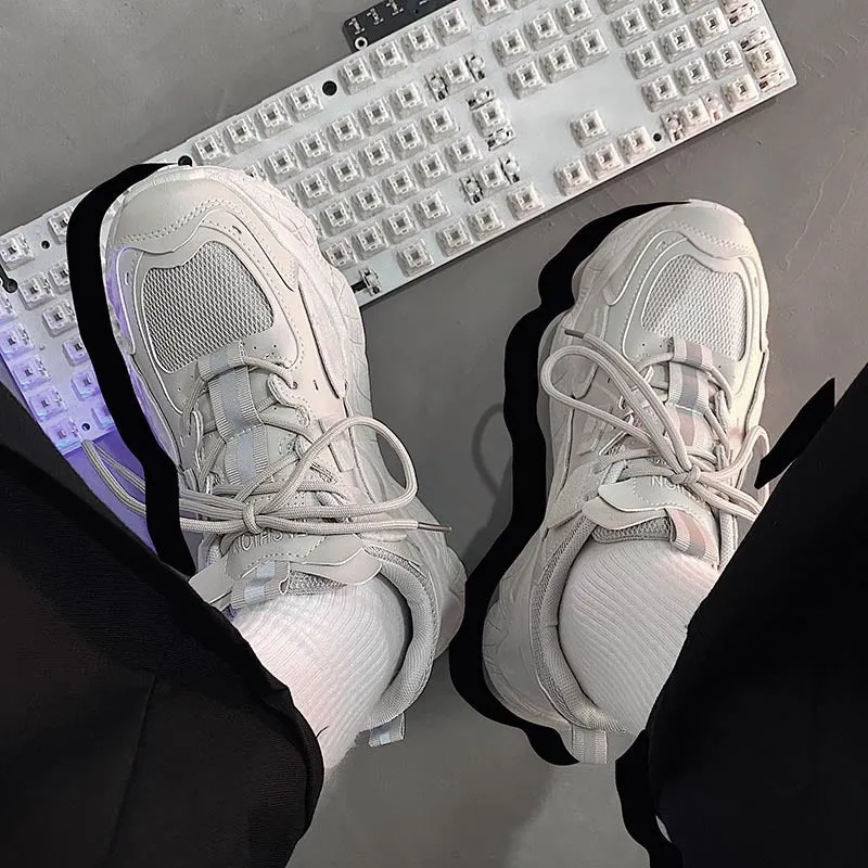 Fashion vulcanized chunky sneakers men women, black, PU mesh upper, rubber sole, lace-up casual shoes