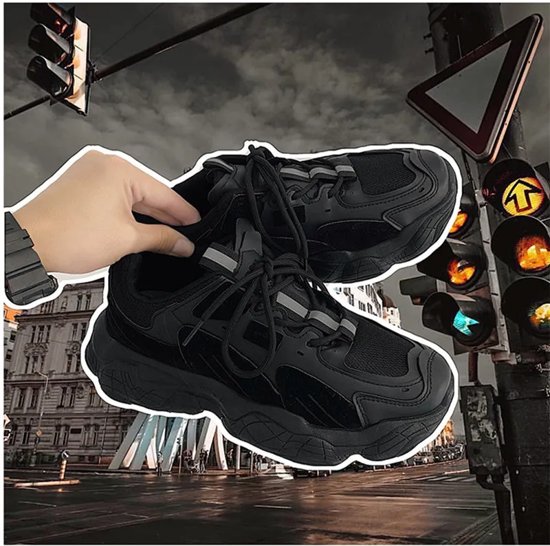 Fashion vulcanized chunky sneakers men women, black, PU mesh upper, rubber sole, lace-up casual shoes