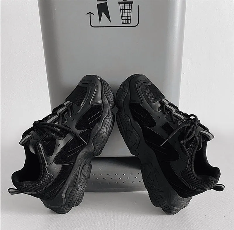 Fashion vulcanized chunky sneakers men women, black, PU mesh upper, rubber sole, lace-up casual shoes