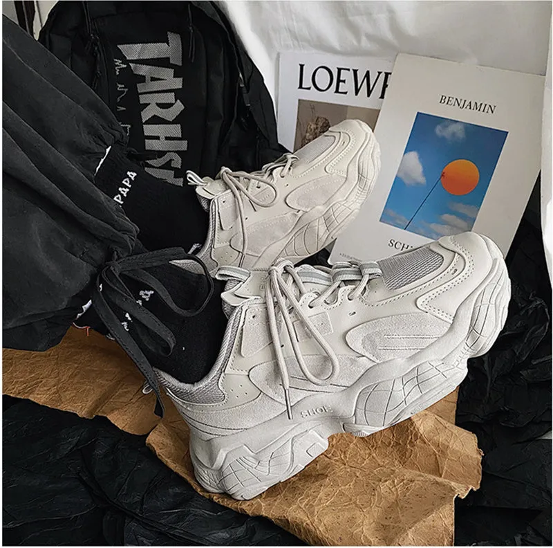 Fashion vulcanized chunky sneakers men women, black, PU mesh upper, rubber sole, lace-up casual shoes