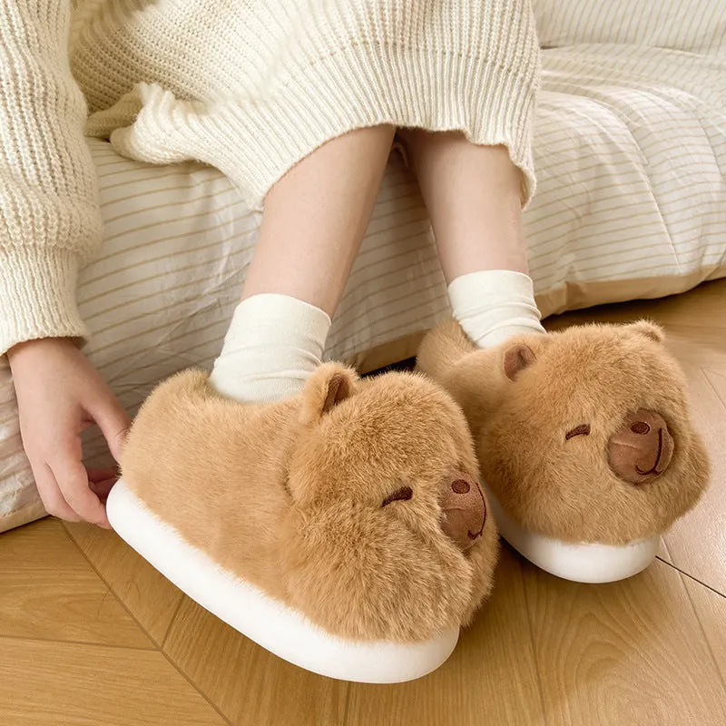 Light brown women's winter slippers with plush upper and artificial wool lining