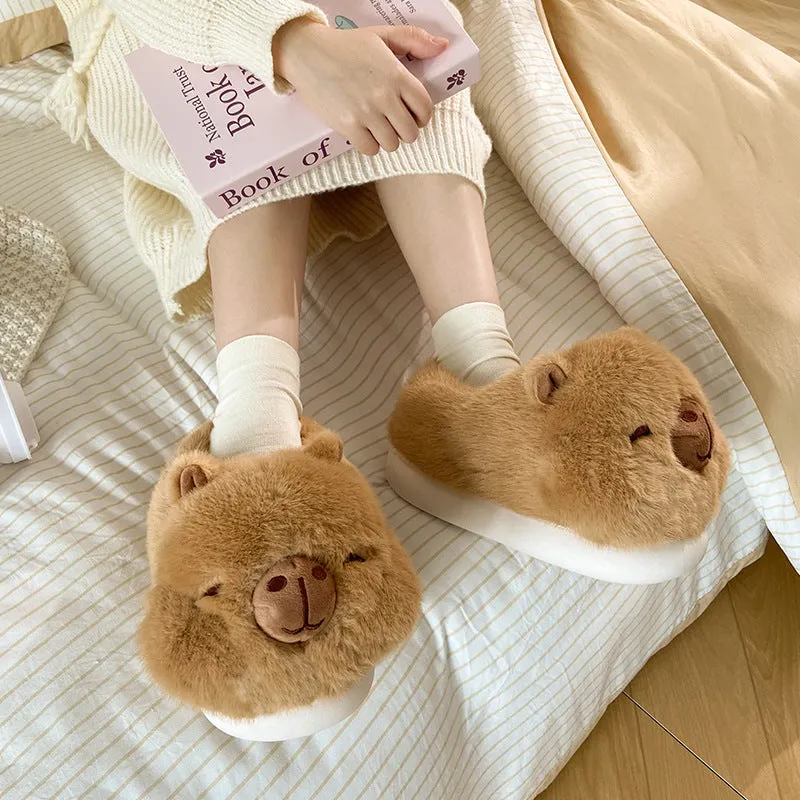 Light brown women's winter slippers with plush upper and artificial wool lining