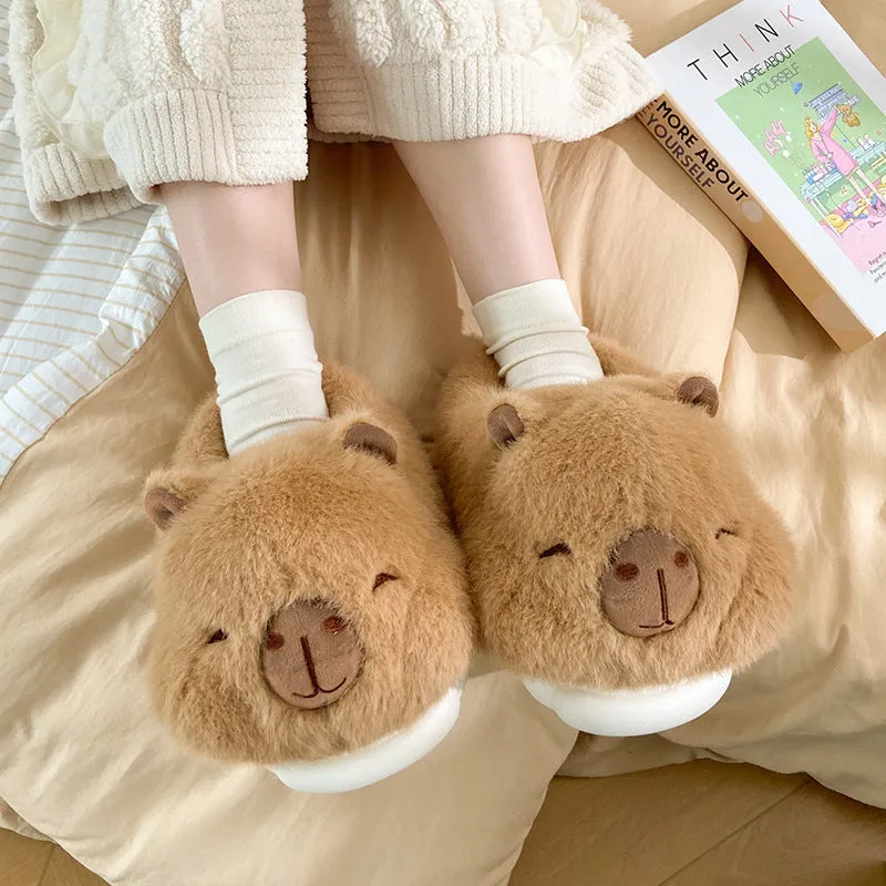 Light brown women's winter slippers with plush upper and artificial wool lining