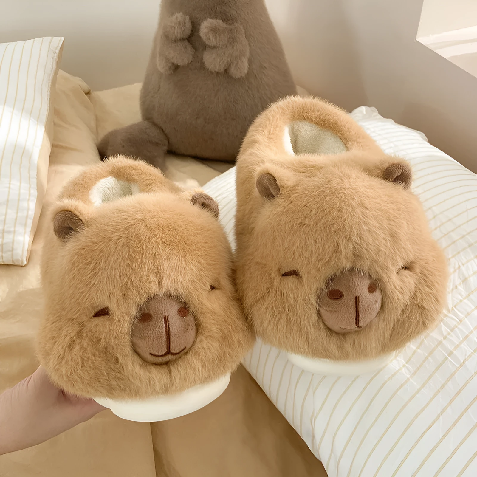 Light brown women's winter slippers with plush upper and artificial wool lining