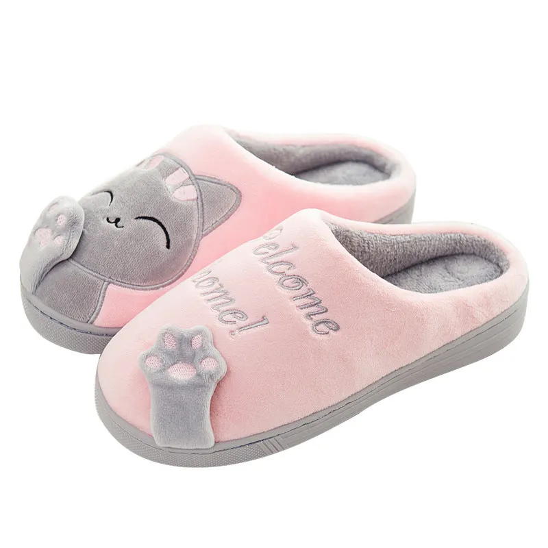 Cute cat slippers winter plush home shoes non-slip EVA sole lucky cat pink colour pair