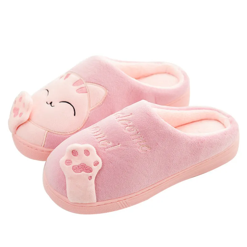 Cute cat slippers winter plush home shoes non-slip EVA sole lucky cat pink colour pair