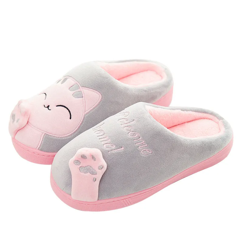 Cute cat slippers winter plush home shoes non-slip EVA sole lucky cat pink colour pair