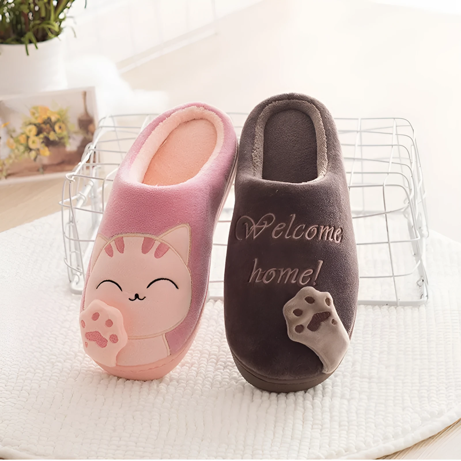 Cute cat slippers winter plush home shoes non-slip EVA sole lucky cat pink colour pair