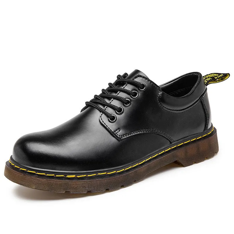 Low top big head black genuine leather Martin shoes for men with round toe and front lace-up