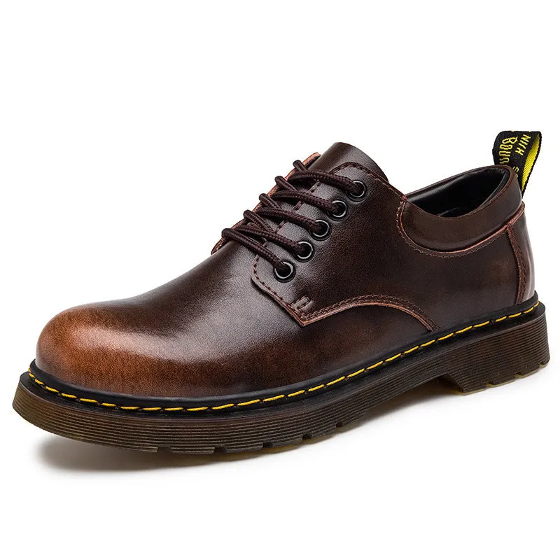 Low top big head black genuine leather Martin shoes for men with round toe and front lace-up