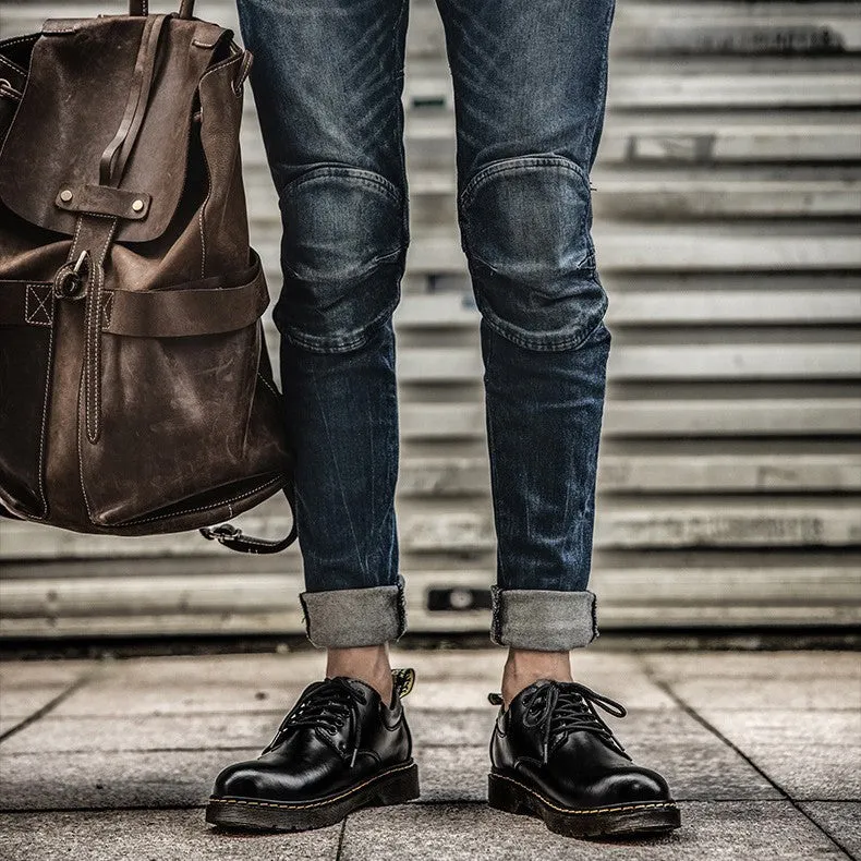 Low top big head black genuine leather Martin shoes for men with round toe and front lace-up