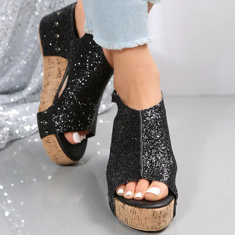 Women's chunky wedge sandals with sequins, Velcro strap, round toe, fish mouth open toe, available in black gold and silver, sizes 35 to 43