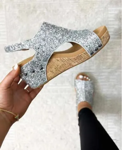 Women's chunky wedge sandals with sequins, Velcro strap, round toe, fish mouth open toe, available in black gold and silver, sizes 35 to 43