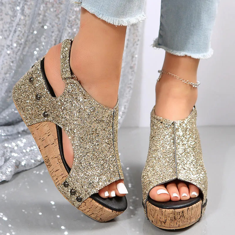Women's chunky wedge sandals with sequins, Velcro strap, round toe, fish mouth open toe, available in black gold and silver, sizes 35 to 43