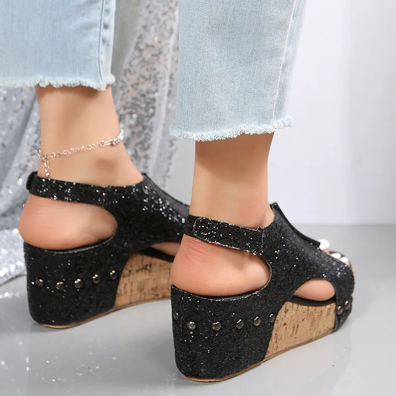 Women's chunky wedge sandals with sequins, Velcro strap, round toe, fish mouth open toe, available in black gold and silver, sizes 35 to 43