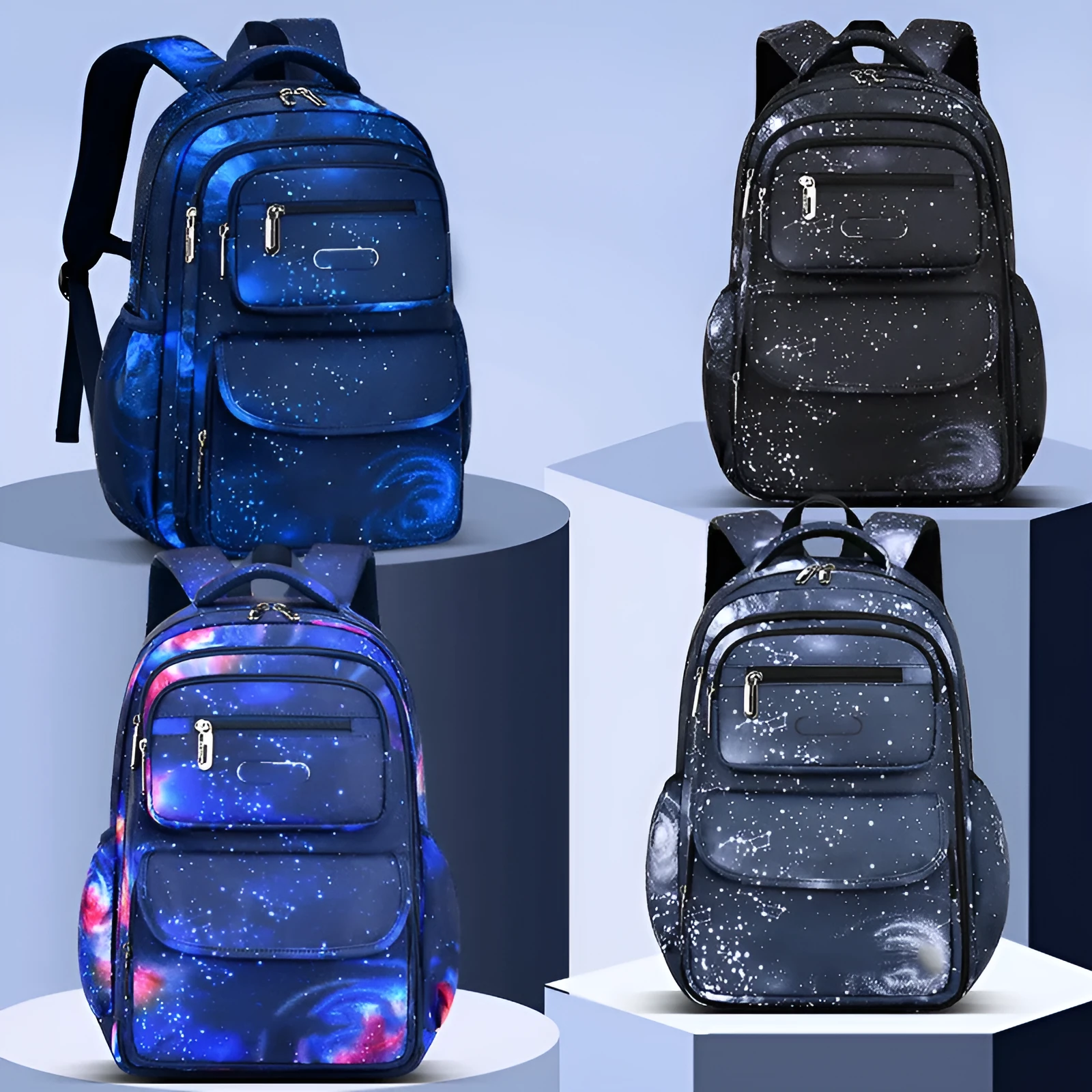 Primary school backpack in royal blue with nylon material, letter print pattern, and side opening