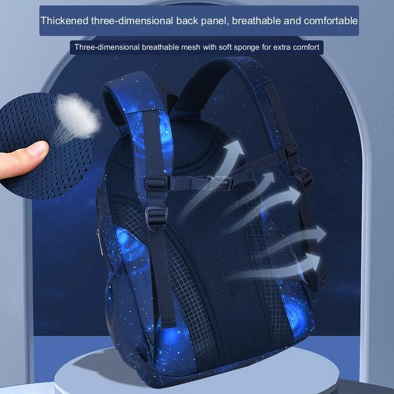 Primary school backpack in royal blue with nylon material, letter print pattern, and side opening