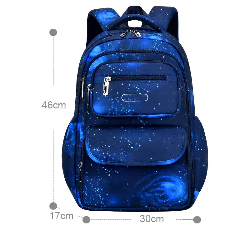 Primary school backpack in royal blue with nylon material, letter print pattern, and side opening