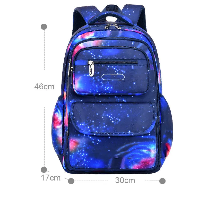 Primary school backpack in royal blue with nylon material, letter print pattern, and side opening